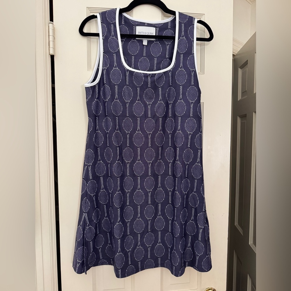 Smith & Quinn Navy Sleeveless Dress with tennis racquets.